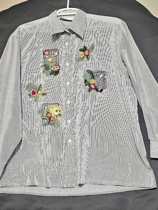 Mili Designs Tops - Mili Designs Embroidered Striped Button Down in Gray & White XL Like New
